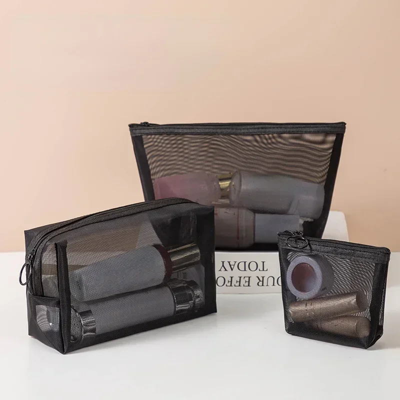 Women\'s Cosmetic Bag Travel Neceser Toiletry Kit Black Mesh Transparent Makeup Organizer Washing Pouch Small Large Make Up Bag