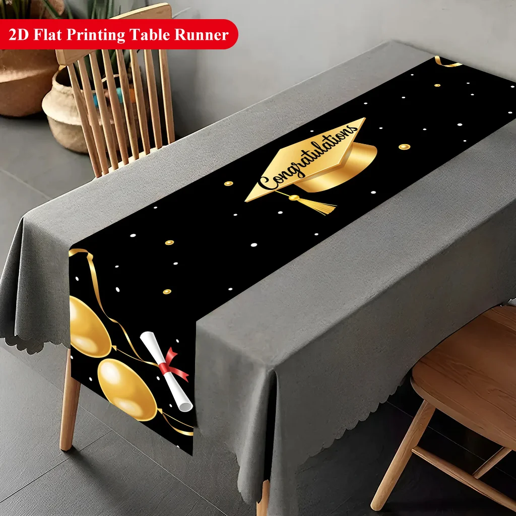2D Flat Printing Table Runner, Balloons Graduation And Diploma Polyester Table Runner Table Flag, Suitable for Party Decoration