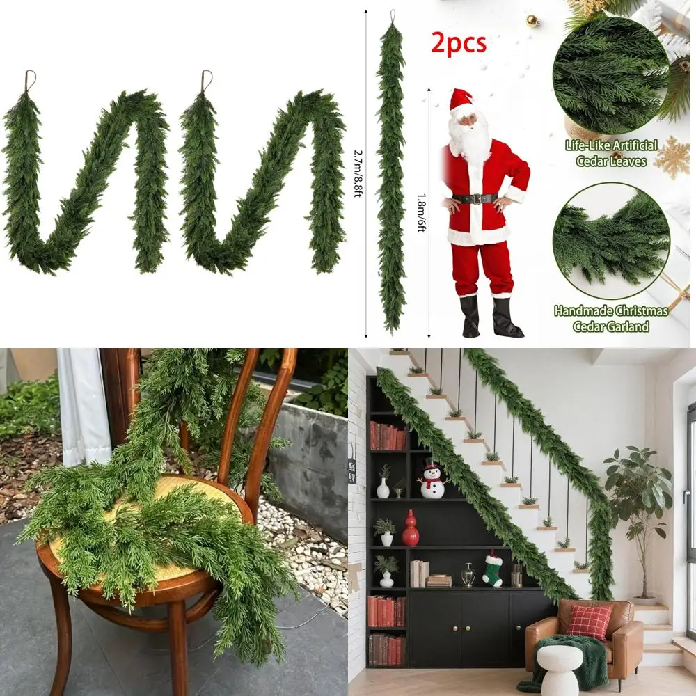 

Artificial 9-Foot Cedar Garlands for Christmas - Soft, Thick, Realistic Green Faux Pine Holiday Decorations
