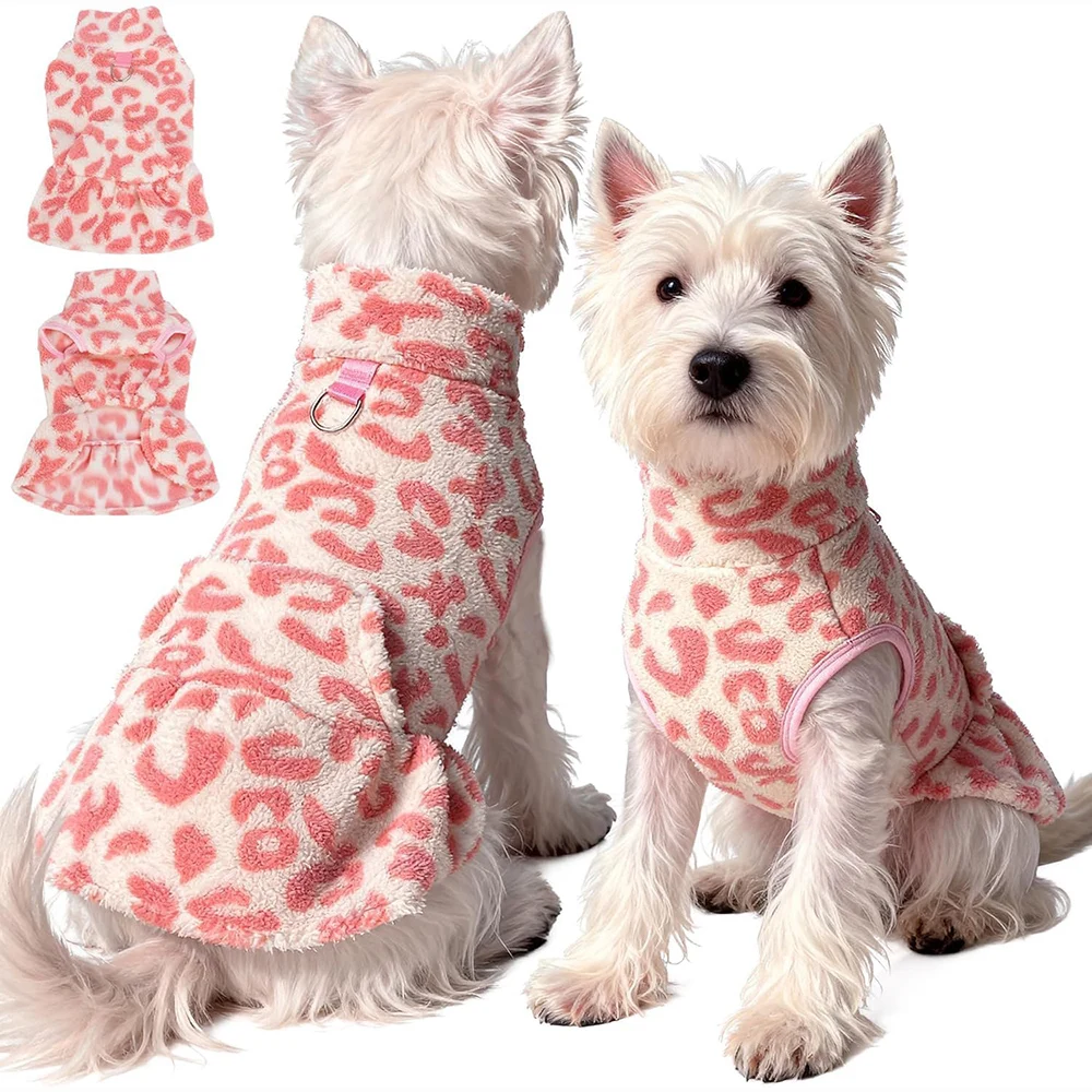 Cute Leopard Fleece Pet Dress Warm Sleeveless Dog Winter Outfit With D‑Ring Fashion Puppy Vest Skirt For Small Medium Dogs Cats