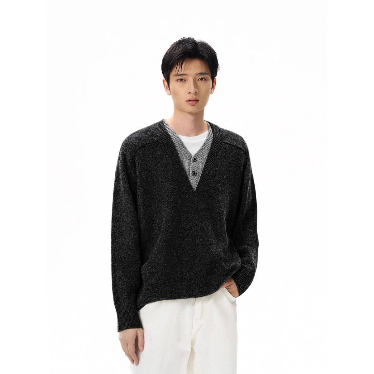 Tiefer V-Ne-Strickpullover, gefälschtes zweiteiliges Set, Lazy Sle Base Irt für Männer und Frauen, Herbstsaison, Freizeitkleidung, Polyesterfaser