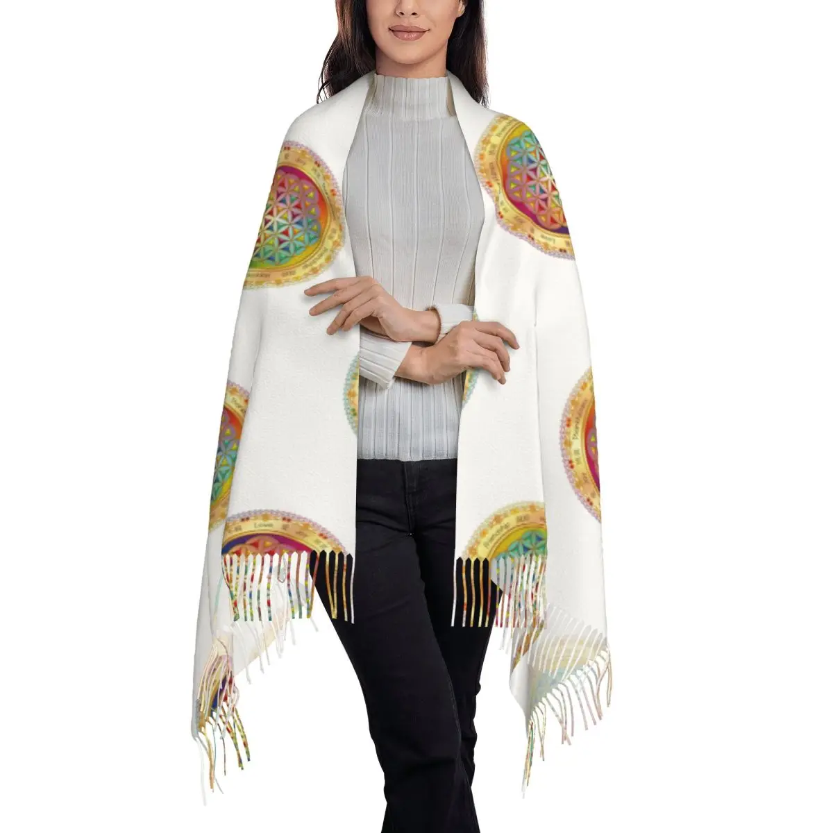 The Flower Of Life Scarf Tassel Scarves Women Soft Warm Shawls and Wraps Large Fall Winter Shawl Wrap
