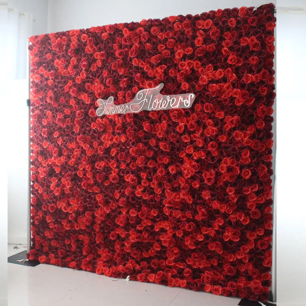 Luxury 3D Wine Red Rose Cloth Flower Wall Artificial Rose Fabric Floral Wall Outdoor Party Wedding Backdrop Decor Window Display