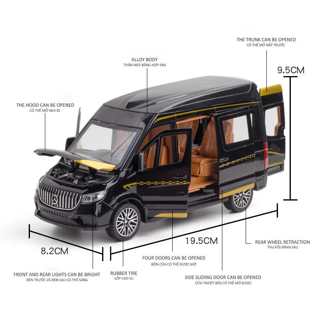 Voiture jouet en alliage moulé sous pression 1:24, modèle MPV Benz Sprinter, son et lumière, voitures de traction en métal, cadeaux pour enfants garçons