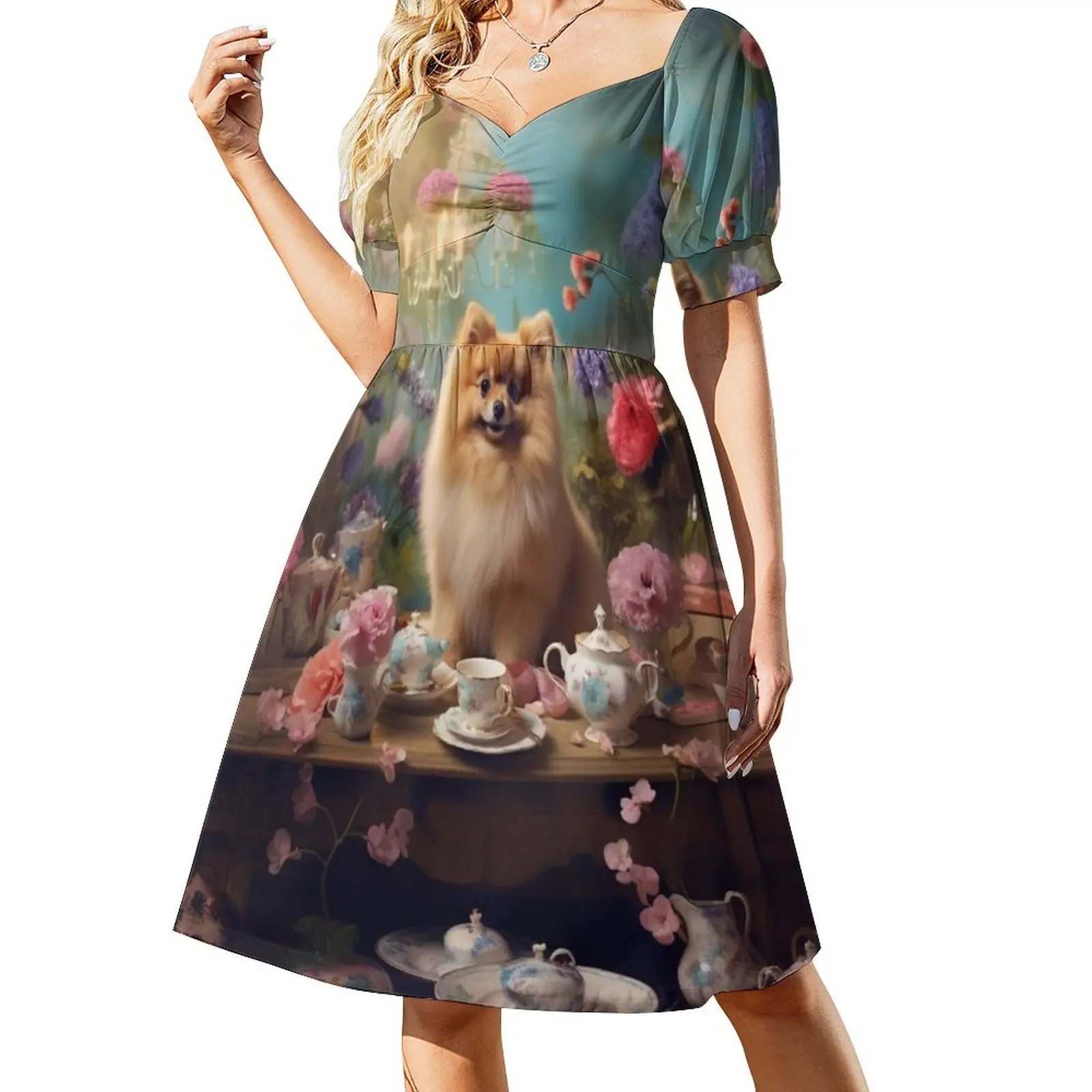 

Pomeranian floral tea party Short-Sleeved Dress beach outfits for women wedding guest dress 2025 Dress