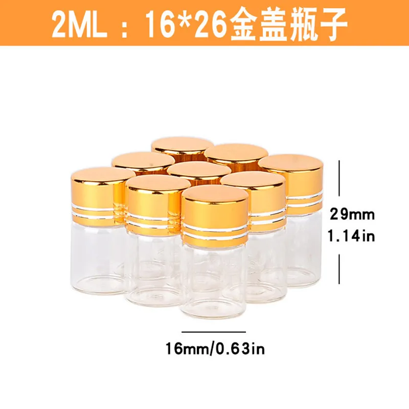 300pcs Dia 16mm Mini Cute Small Clear Glass Bottle 2ml Vials Message Bottle with Screw Gold Aluminum Cap