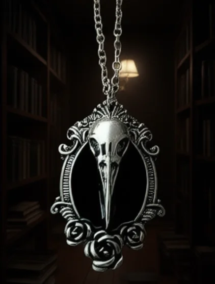 Gothic Crow Raven Bird Skull Necklace Woodpecker Crane Head Oddity Black Enamel Rose Pendant Oddities Goth Jewelry