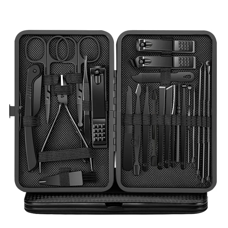 Kit de Manicure e Pedicure com 8-24 Peças, Conjunto de Cortadores de Unhas em Aço Inoxidável Preto, Ferramentas Profissionais para Cuidados com Cutículas com Estojo de Armazenamento Rígido