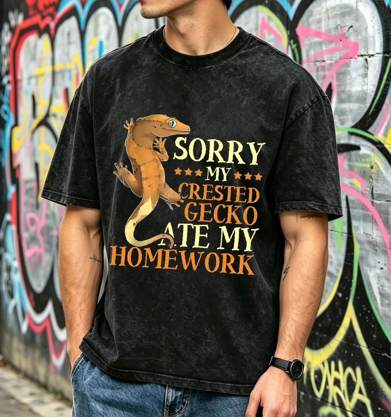 washed T Shirt crested gecko ate my homework long or short sleeves vintage Washed Slightly Stretched fashion designer clothes