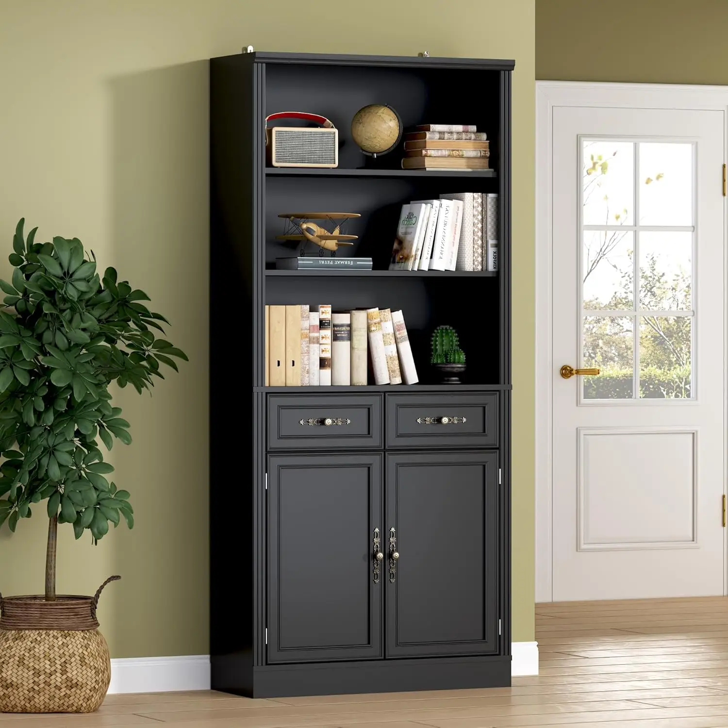 

70.1" Tall Bookshelf with Drawers & Cabinet, 5-Tier Floor Standing Bookcase with Storage Doors, 31.5" Wide Organizer