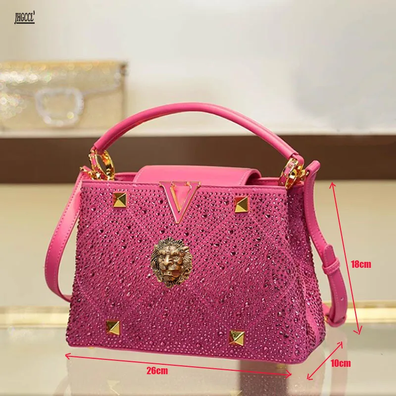 High-End-Diamant-Rosen-rote Damen-Hausschuhe mit Fischmaul am Rücken, hohler Löwe, coole Hausschuhe, Strass-Hausschuhe, Kettentaschen-Set B9