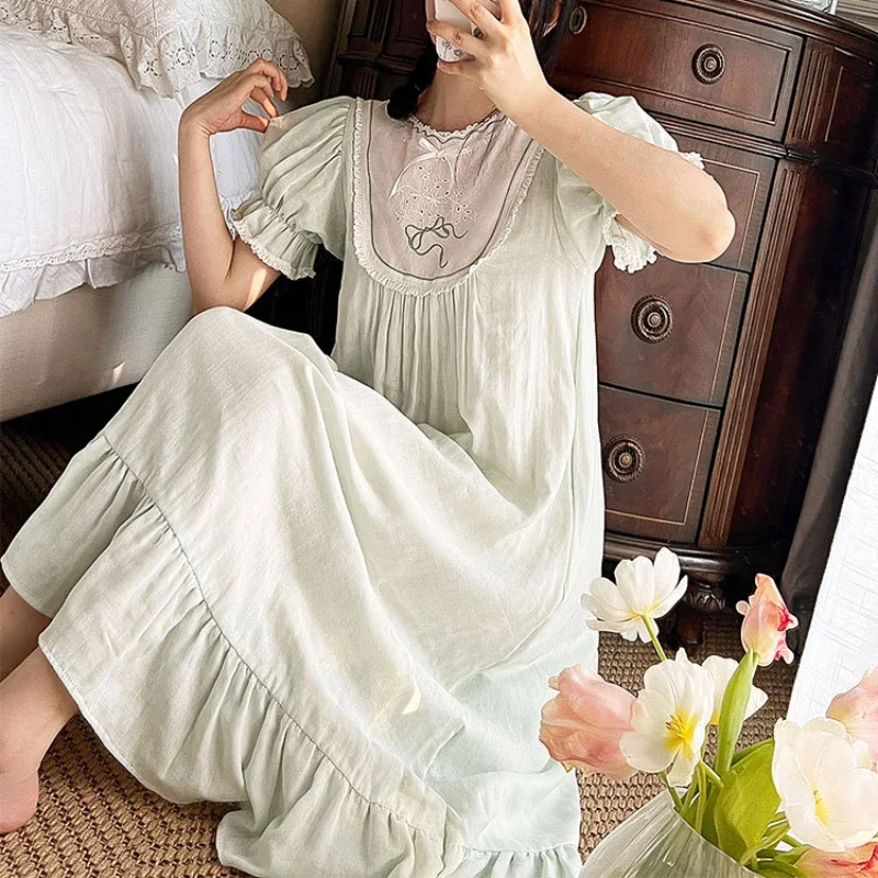 Embroidery Long Night Dress Women Summer Vintage Cotton Short Sleeve Peignoir Sleepwear Princess Nightwear Victorian Nightgowns