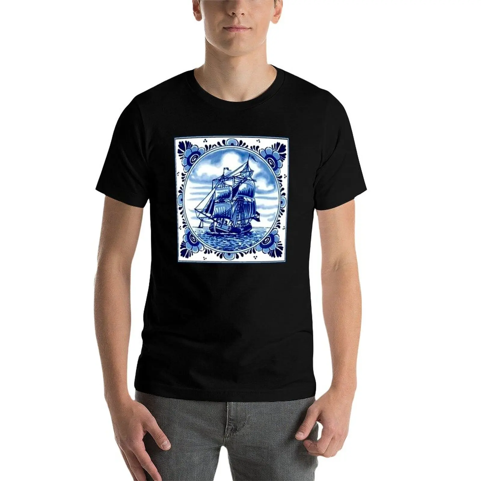 DUTCH BLUE DELFT : Vintage Sailboat and Tall Ship Print T-Shirt Simple Graphic Design T-Shirt view 4