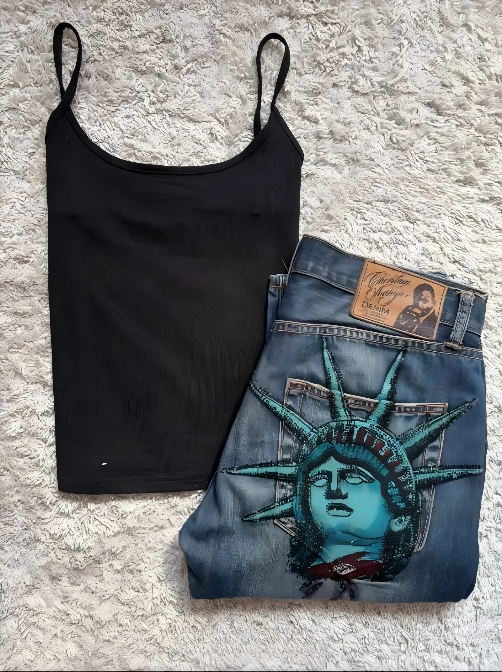 Hip Hop Women Jeans Y2k 2000s Statue of Liberty Pocket Diamond Pattern Embroidery Denim Pants High Waist Straight Wide Leg Pants