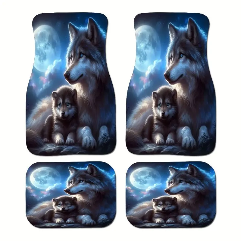 4pcs Wolf Cub Car Floor Mats Set - Crystal Velvet /Pet-Friendly Design, Blue Wolf Pup & Cub Howling At Moon, Easy Clean Fit Car