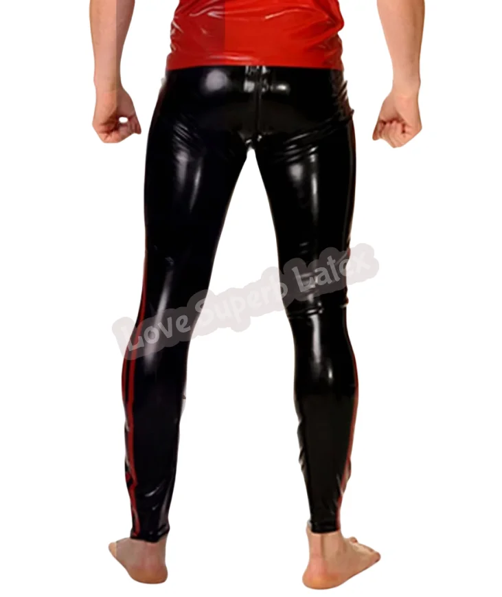 빨간색 줄무늬 라텍스 레깅스 가랑이 지퍼가 달린 수제 남성용 블랙