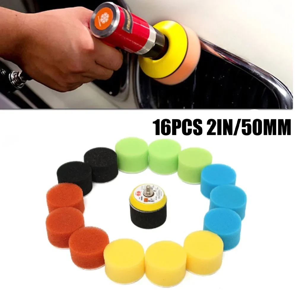 Set Polishing Pads Tool 16pcs Parts Polisher Screw Tray Sponge Waxing 2 Inch 50mm Automobile Buffing Detailing