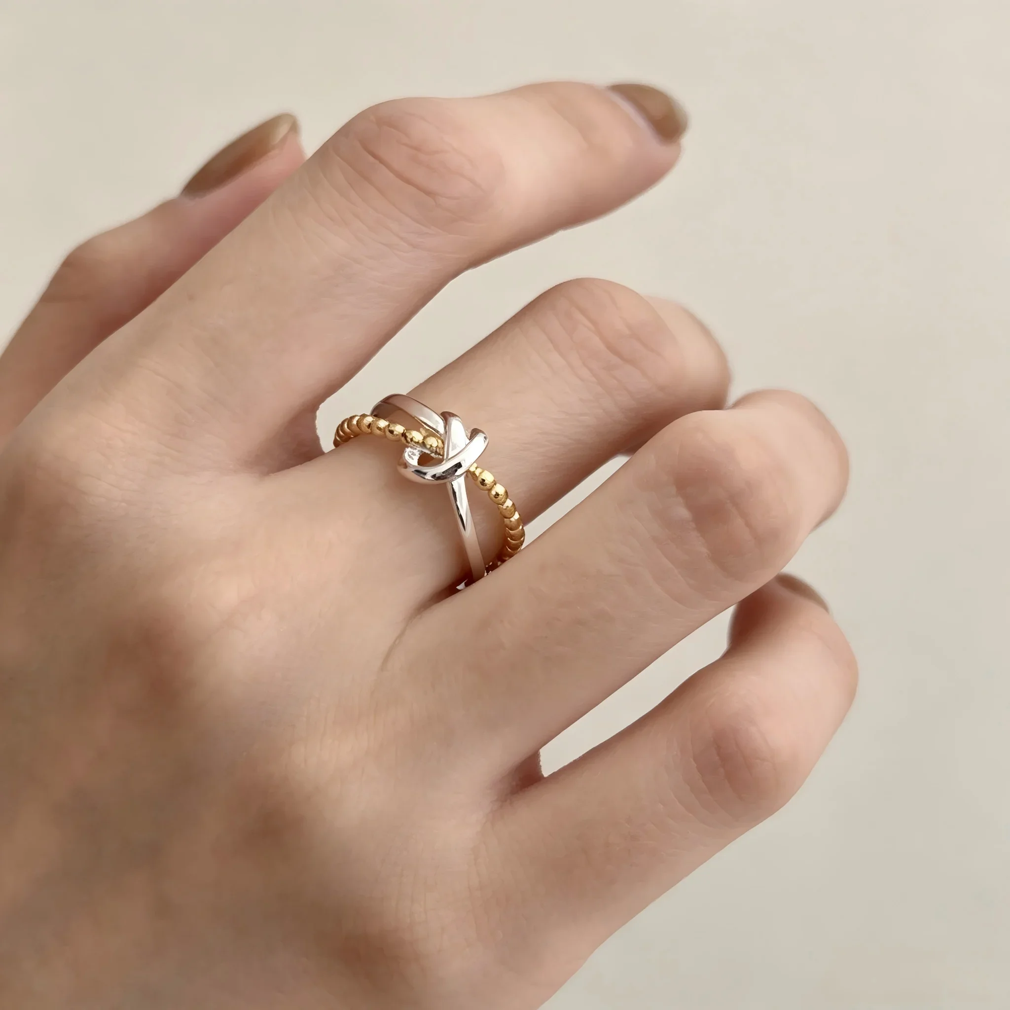 S925 Solid Silver Two-Tone Twist Ring Nickel Free Hypoallergenic Adjustable Stacking Jewelry Gift for Women