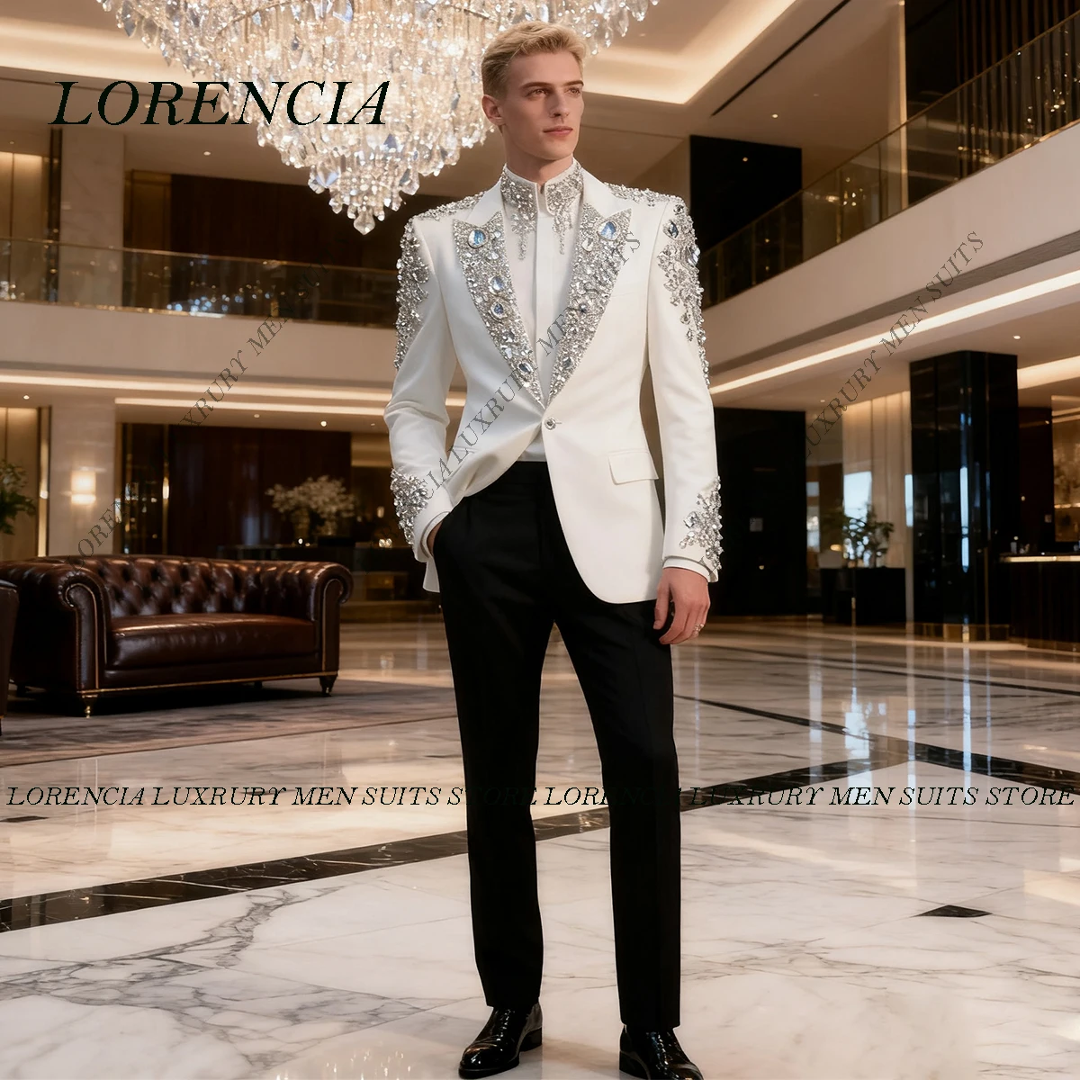 

Customized Glitter Metal Embellished Men Suits 2 Pieces Sets Male Party Prom Blazers Glitter Lapel Groom Tuxedos Ropa Hombre