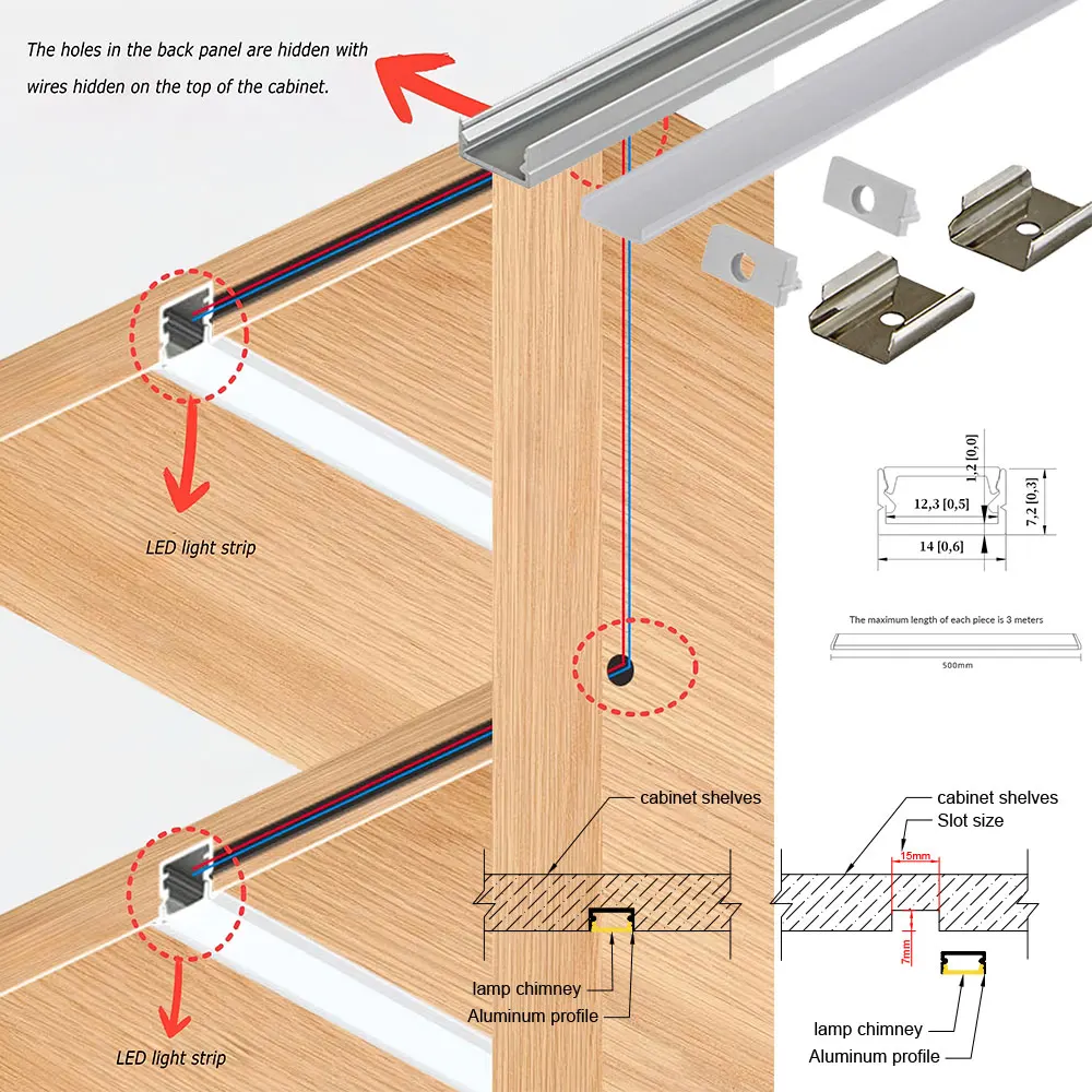 14x7mm 5 szt. 0,5M głównie wbudowana instalacja profil aluminiowy taśma LED odpowiednia do różnych mebli