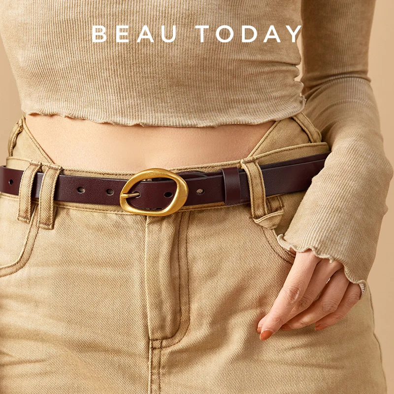 

BEAUTODAY Belt Women Cow Leather Irregular Metal Buckle Retro Solid Color Ladies Jeans Dress Waistband Handmade 91040