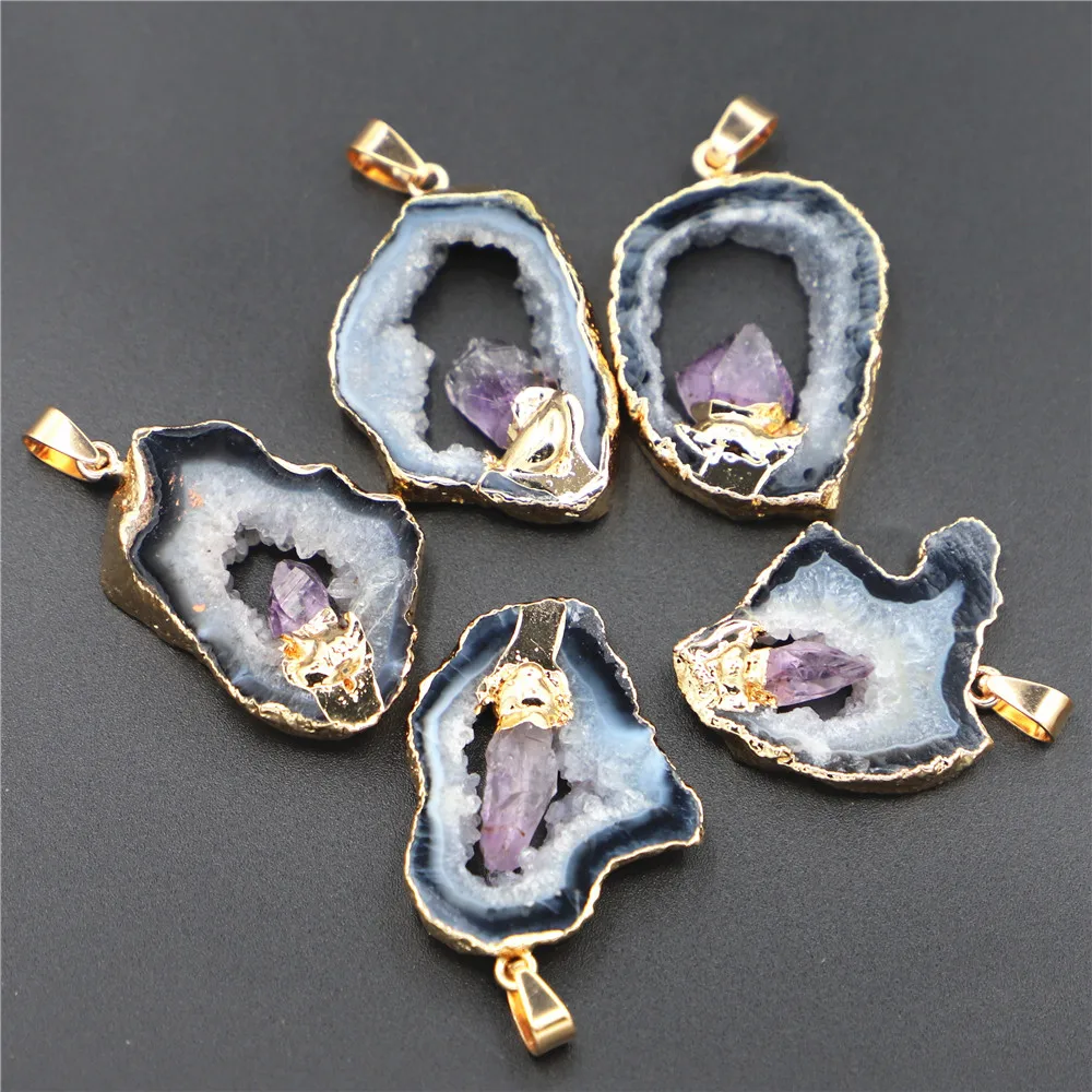 4PCS New Geode Black Agates Slice Druzy Pendants Inlaid Natural Amethysts Point Irregular Shape Stone Elegant Quartzs Jewelry