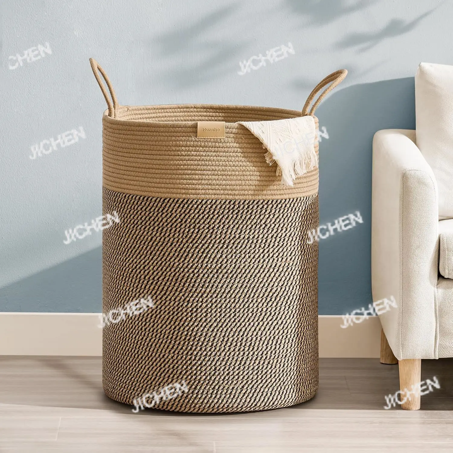 

95л, большая корзина для белья для одежды, декоративная корзина для хранения одеял, корзина из хлопчатобумажной веревки для спальни, темно-коричневый