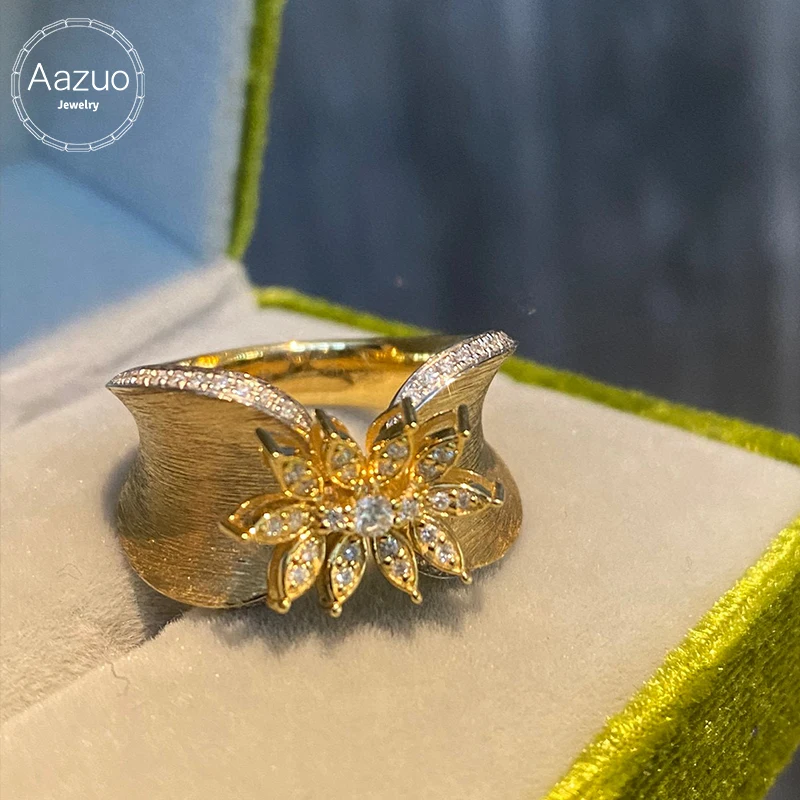 Aazuo Vintage Real Jewerly 18K Yellow Gold Natural Diamonds 0.33ct Fashion Flower Rings Upscale Trendy Senior Party Fine Jewelry