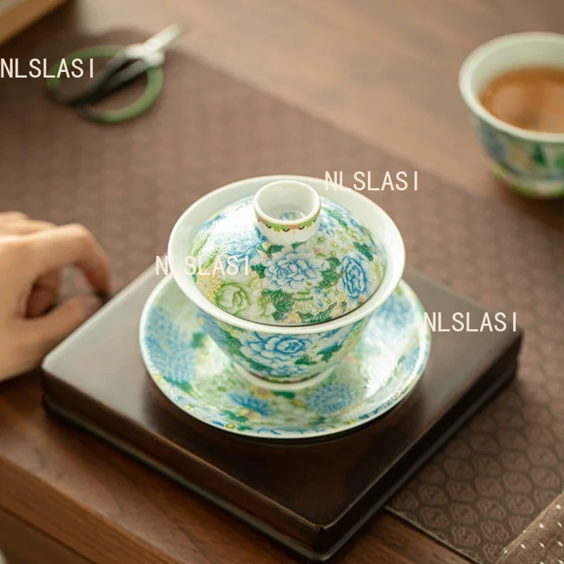 150ml Ceramic Peony Covered Bowl Chinese Household Kung Fu Three Skills Bowl Covering Tea Bowl Underglaze Color Teaware