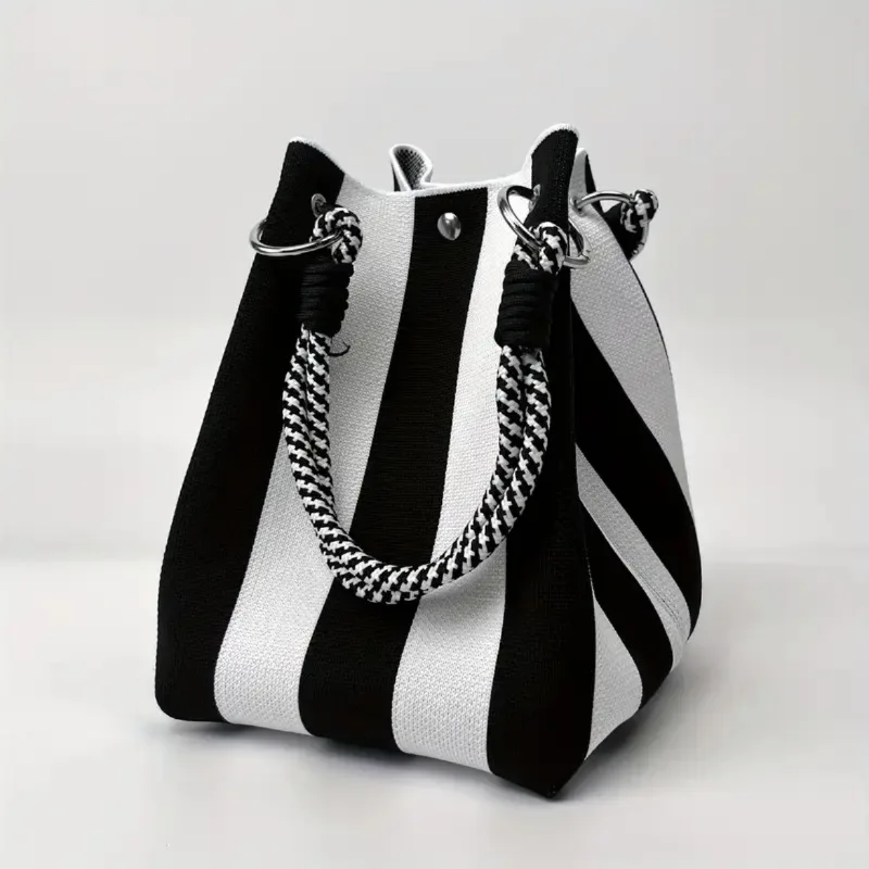 

Fashion Korean Style Bucket Bag Niche Contrasting Stripe Handbag Simple Versatile Knitted Bag Portable Large-capacity Square Bag