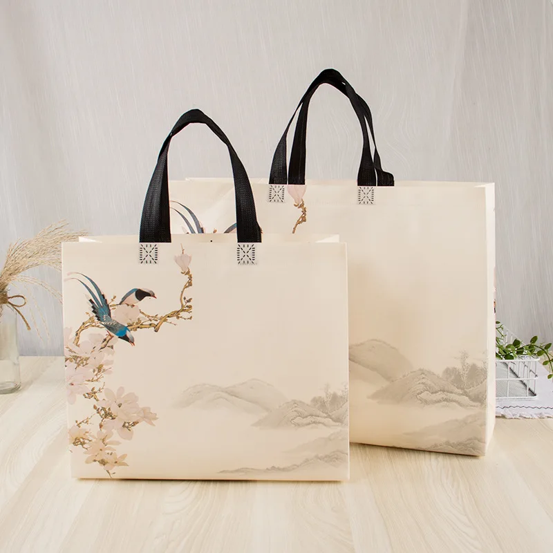 Non-woven Shopping Bag Eco Bag Large Capacity Portable Storage Pouch Flower Bird Print Handbag Reusable Foldable Shoulder Bag