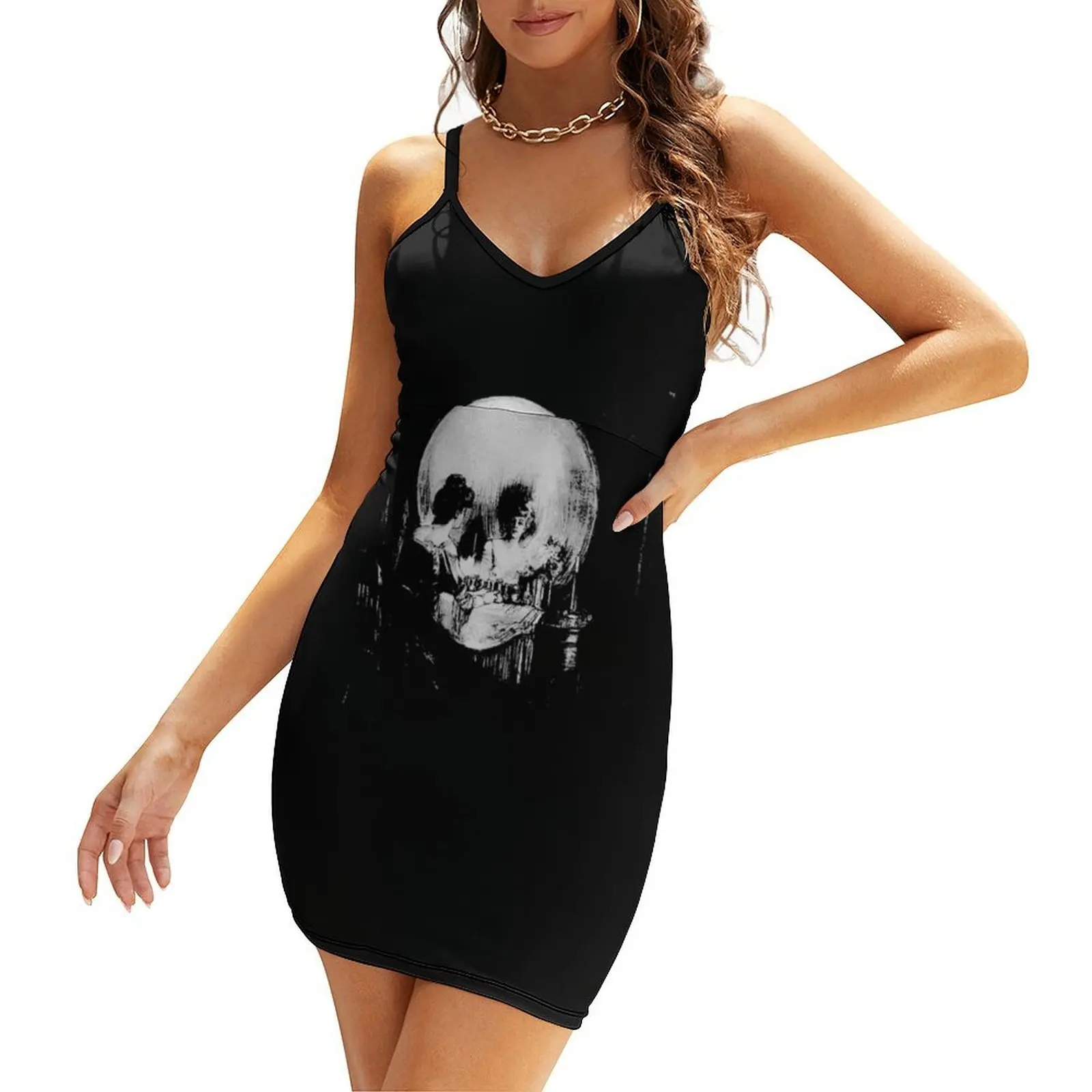 

Woman with Halloween Skull Reflection In Mirror Sling Dress evening dresses ladies women's clothing trend 2025