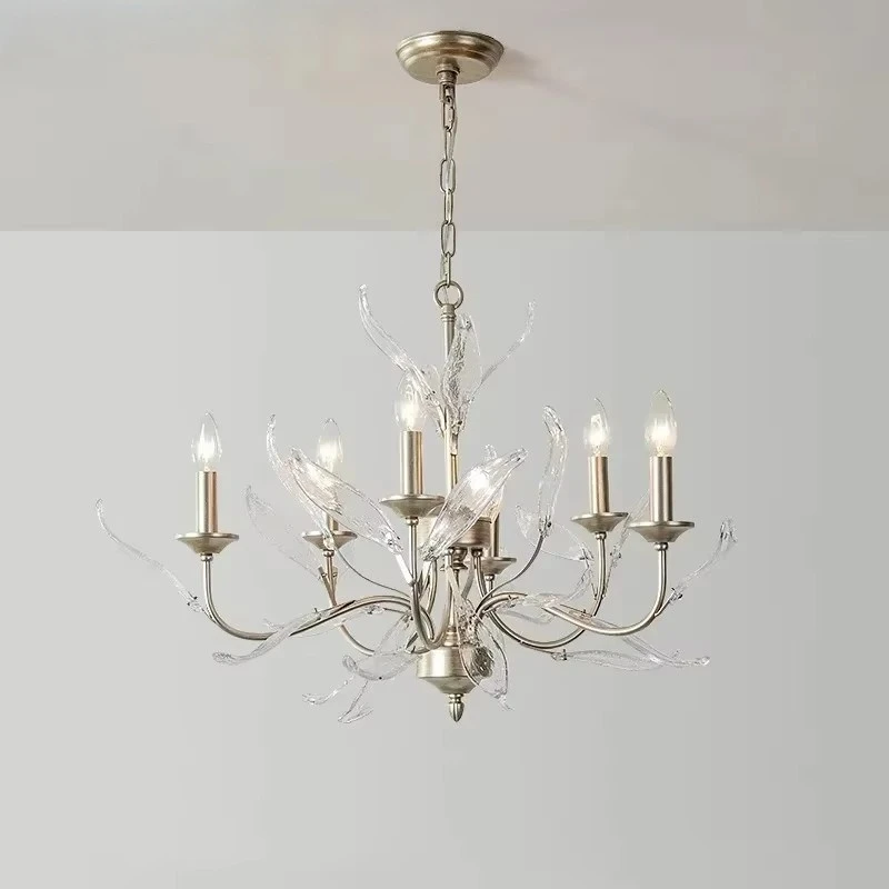 American Living Room Pendant Light Creative Bedroom Lighting Glass Leaf Retro Silver French Restaurant Light
