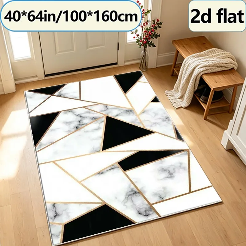 Black and White Marble Gold Geometric Mosaic Carpet, Modern Luxury Carpet, Suitable for Living Room, Bedroom, Indoor Home Decoration