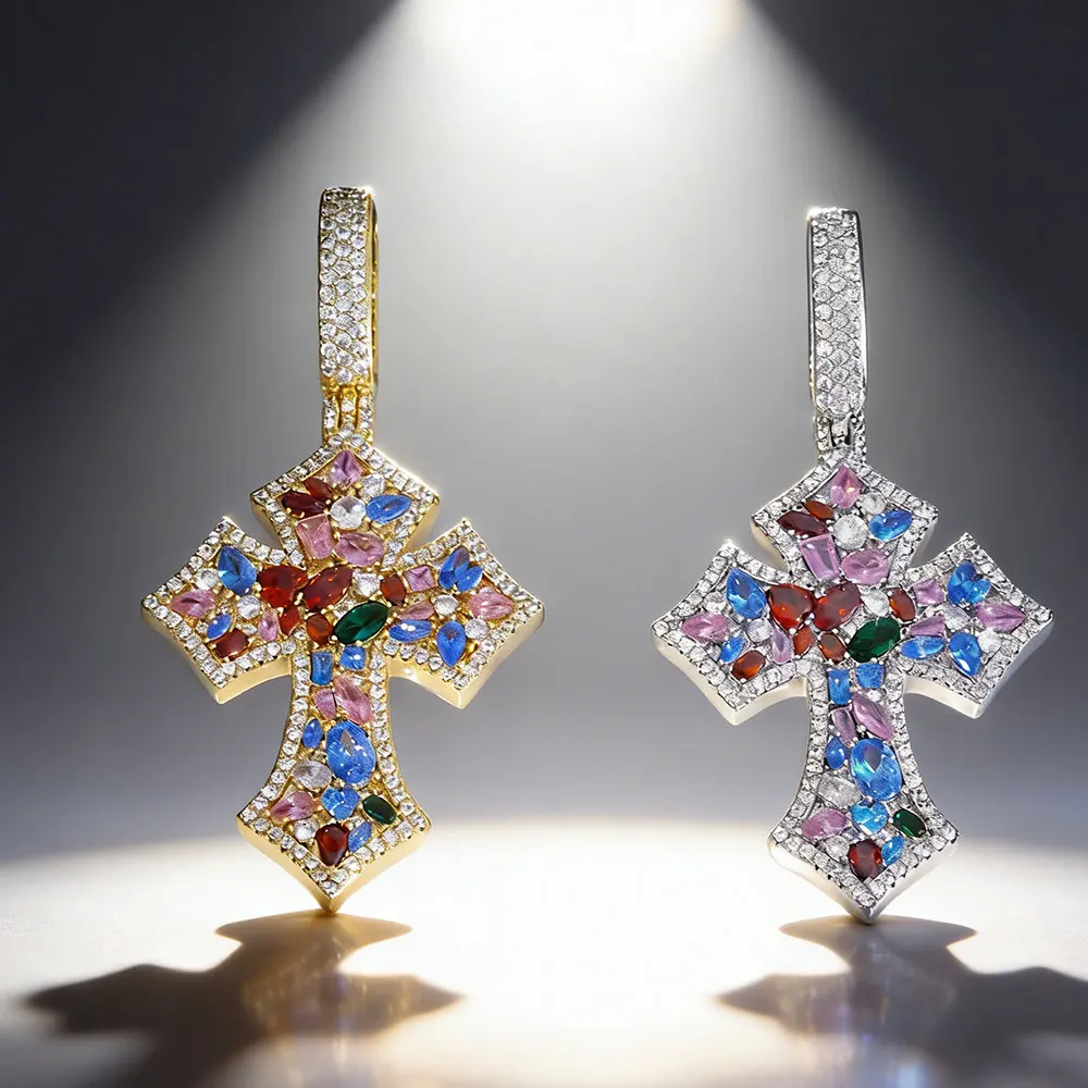 Colorful Gemstone Pendant Hip Hop Cross Sparkling Zircon Necklace Tennis Chain Stainless Steel Rope Chain Universal Jewelry