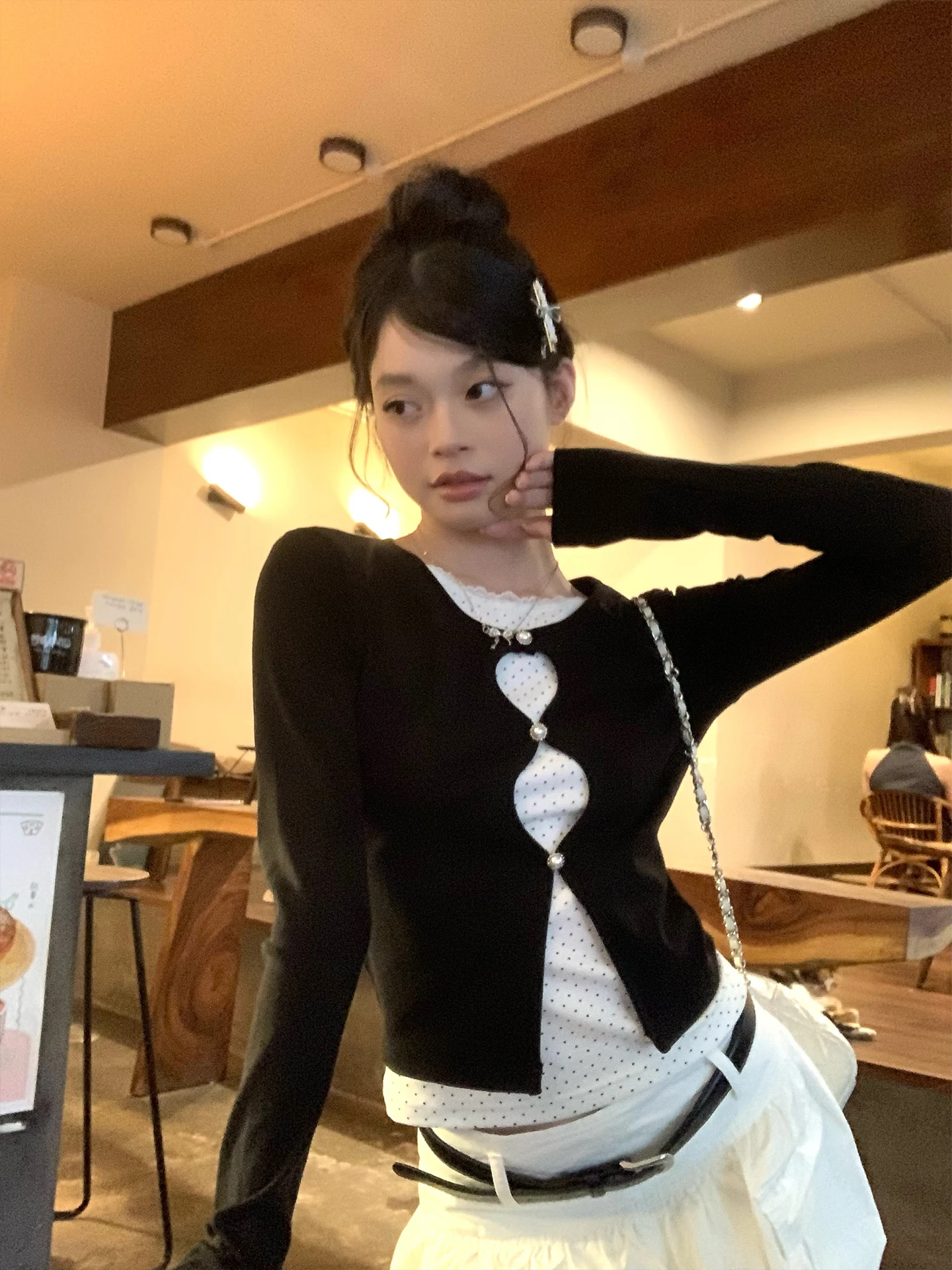 Black Polka Dot Two Piece Illusion Shoulder Long Sleeve Women's T-Shirt Korean Style Slim Fit Base Shirt Top for Commuting