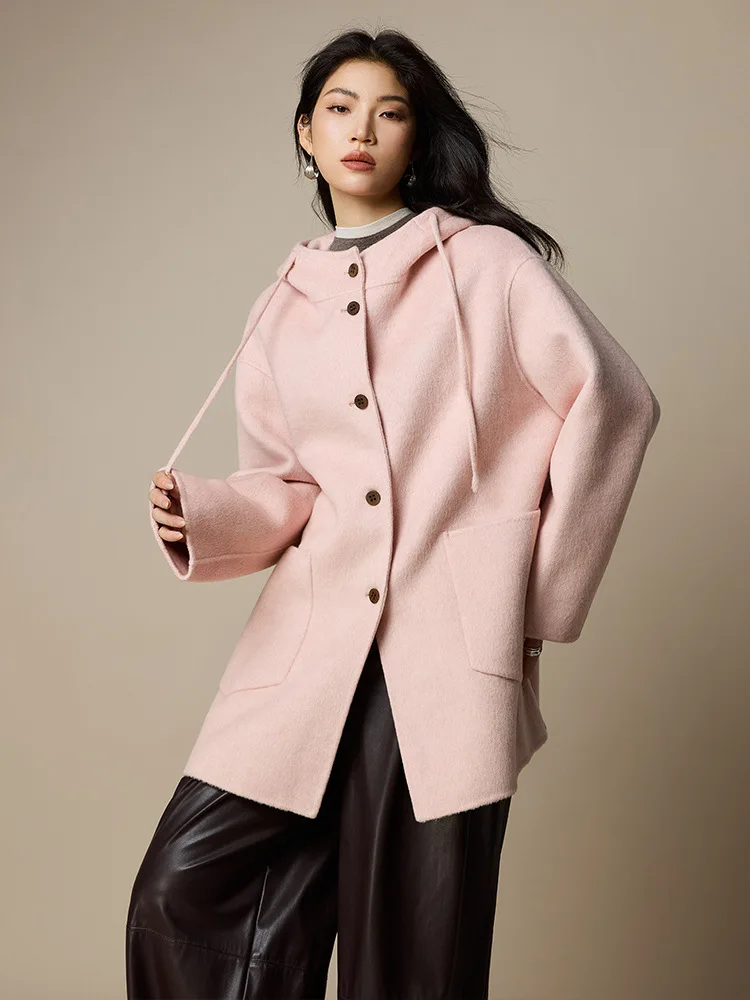 Birdtree، معطف قصير من صوف الأغنام بنسبة 70%، قطع علوية نسائية بغطاء للرأس، صوف مزدوج الجانب، معطف خريف وشتاء 2025، أبيض، رمادي، وردي T5N514JF #5