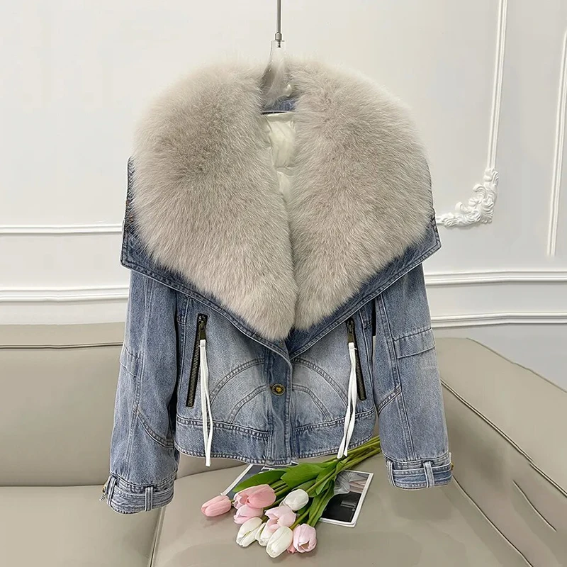 Winter Fur Coat Removable Fur Collar Cotton Jacket New Thickened Short Denim Jacket Fashion Harajuku Parkas Jeans Jacket