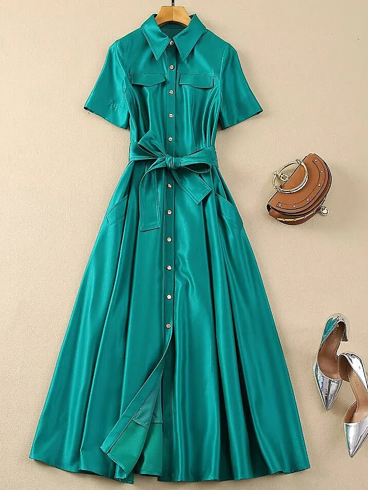 Runway Summer New Ladies High Quality Fashion Party Green Button Lace Up Casual Office Chic Celebrity Sweet Pretty Midi Dress