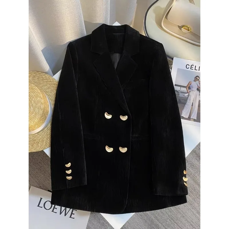 UNXX Autumn/winter Vintage New Casual Short Corduroy Blazer Coats Women\'s Black Love Button Loose Fitting Blazer Women Clothing