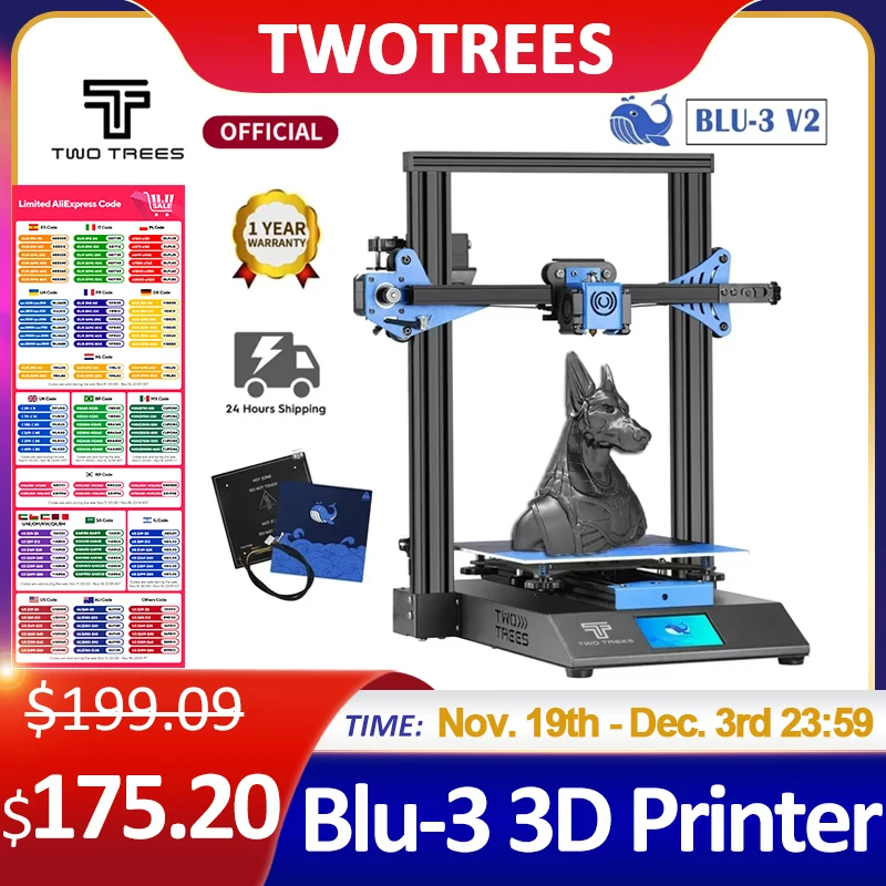 Twotrees Blu-3 V2 I3 3D Printer FDM 3D принтер Printing Masks 3d Diy Kit 3.5-Inch Color Touch Screen TMC2225