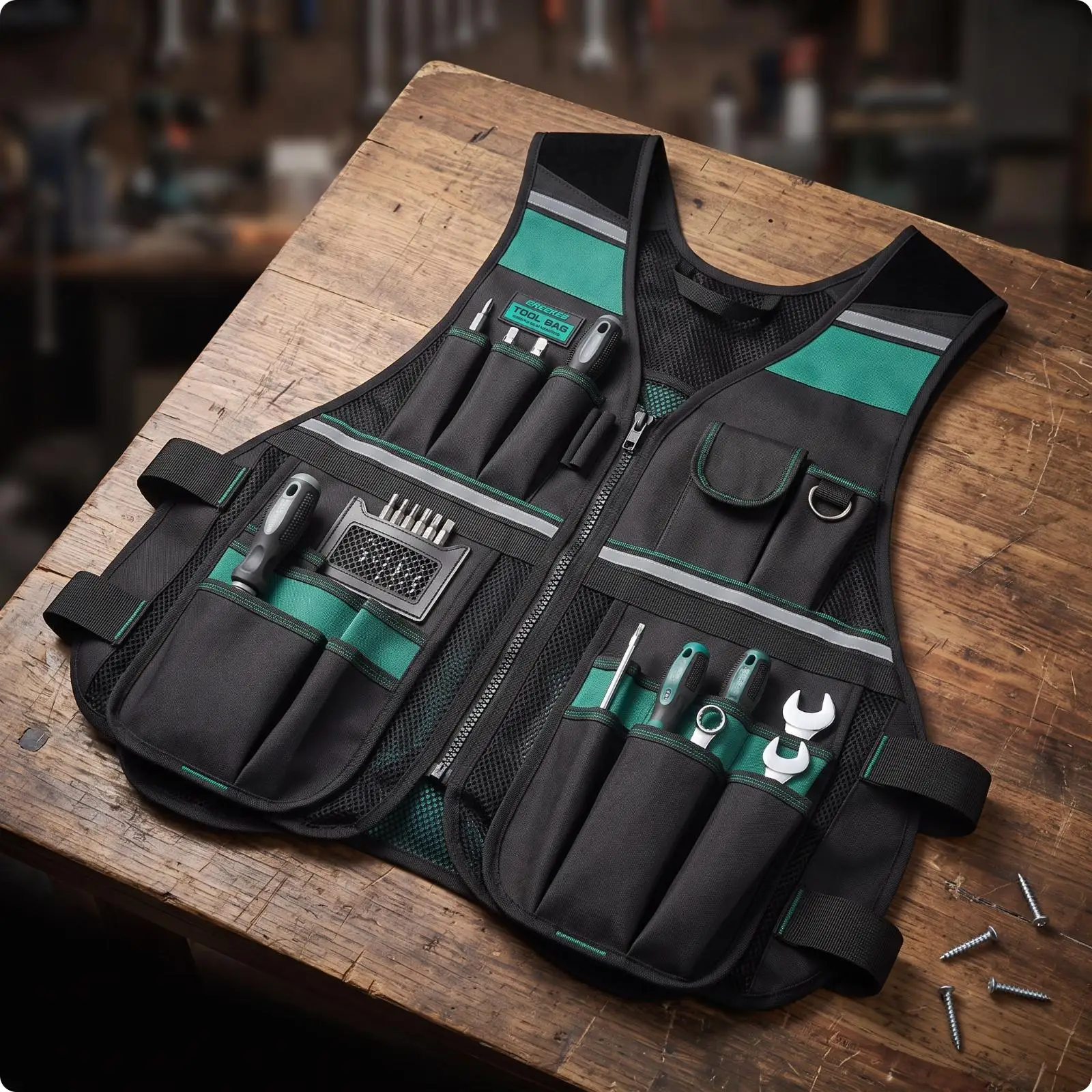 Adjustable Tool Vest with Pocket for Carpentry Electrical Work Reinforced Utility Vest