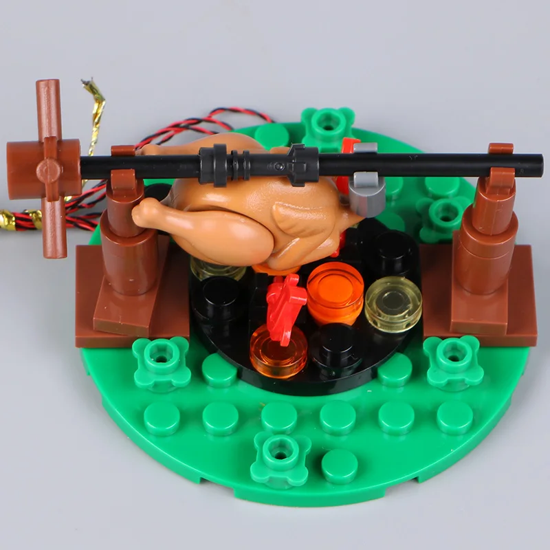 Moc led blocos de construção fogueira chama torrada peru acessórios conjunto pote ferro modelo tijolo diy luz brinquedo presente