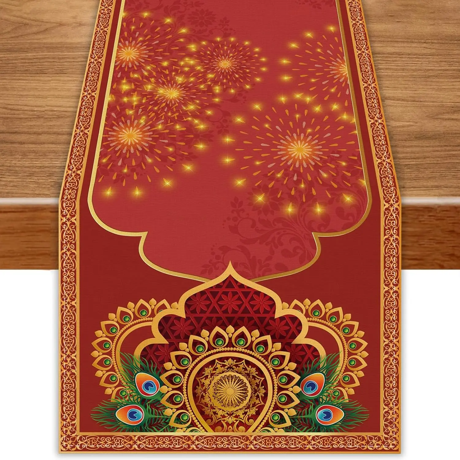 Happy Diwali Peacock Linen Table Runner Indian Festival of Lights Party Decor Reusable Kitchen Dining Table Runner Diwali Decor