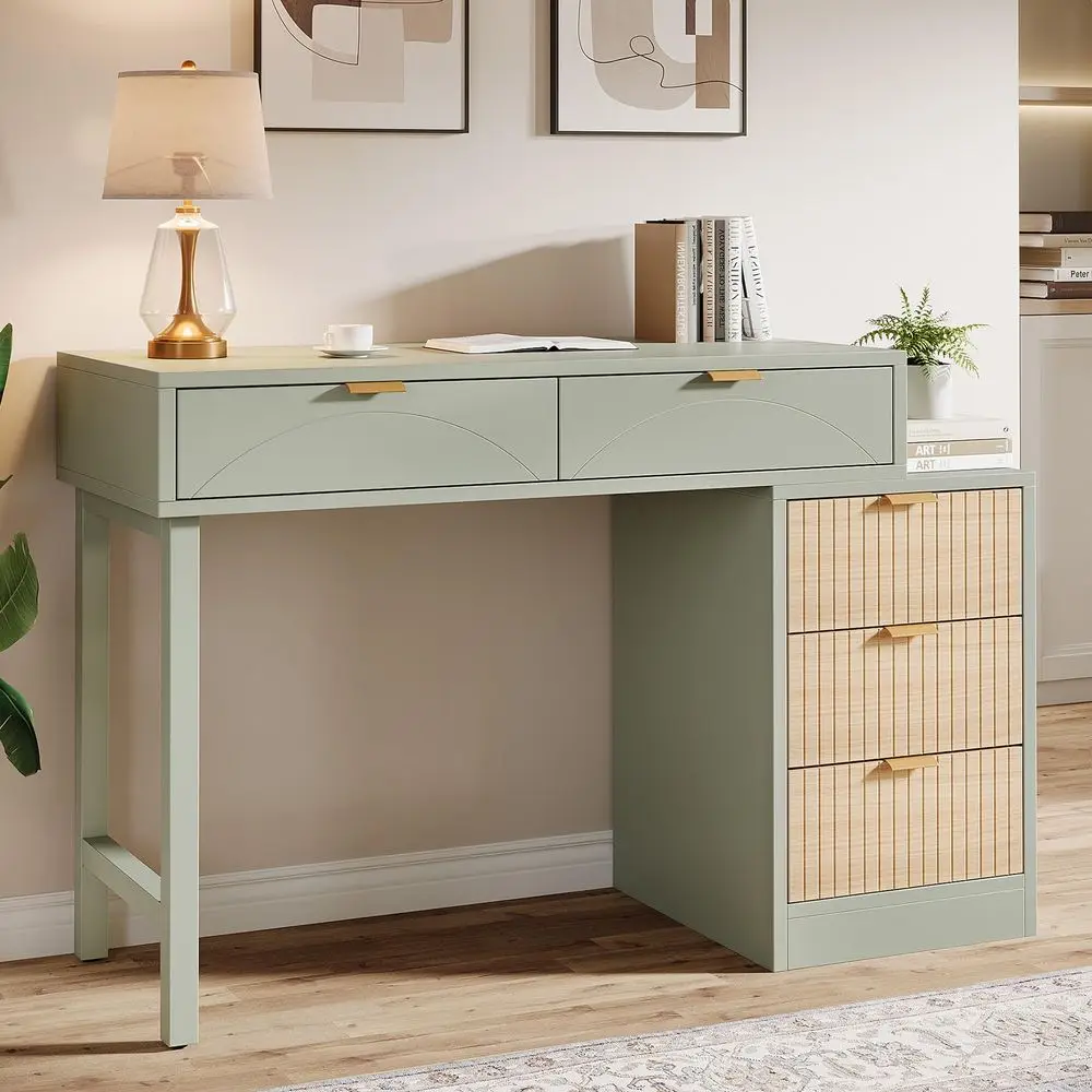 

Computer Desk with 5 Drawers, Reversible Small Writing Desk with Storage, Modern Wooden Study Table Workstation for Home Office