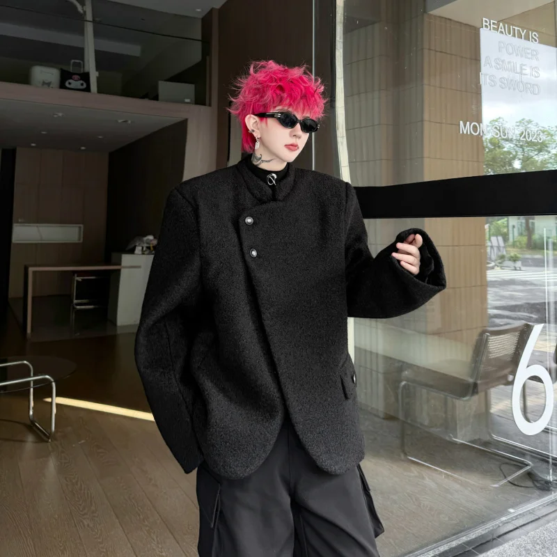 

Winter Thiened Men's Suit Vest Lapel Woolen Jaet Loose Fit Asymmetric Design Casual Faionable Youth round Hem Children