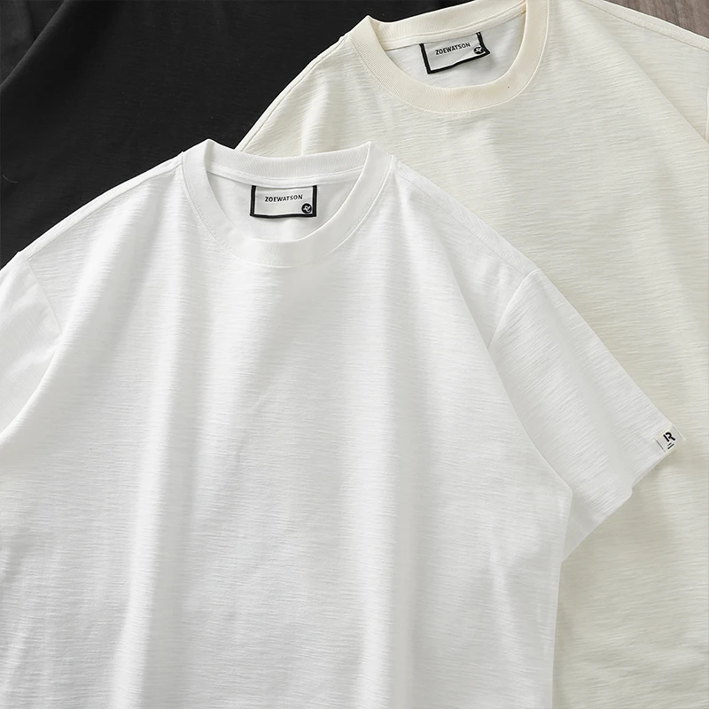 Dukeen Men Short Sleeved T Shirt Summer Loose 300Gsm Cotton Casual Sports Solid Color Round Neck White Tops