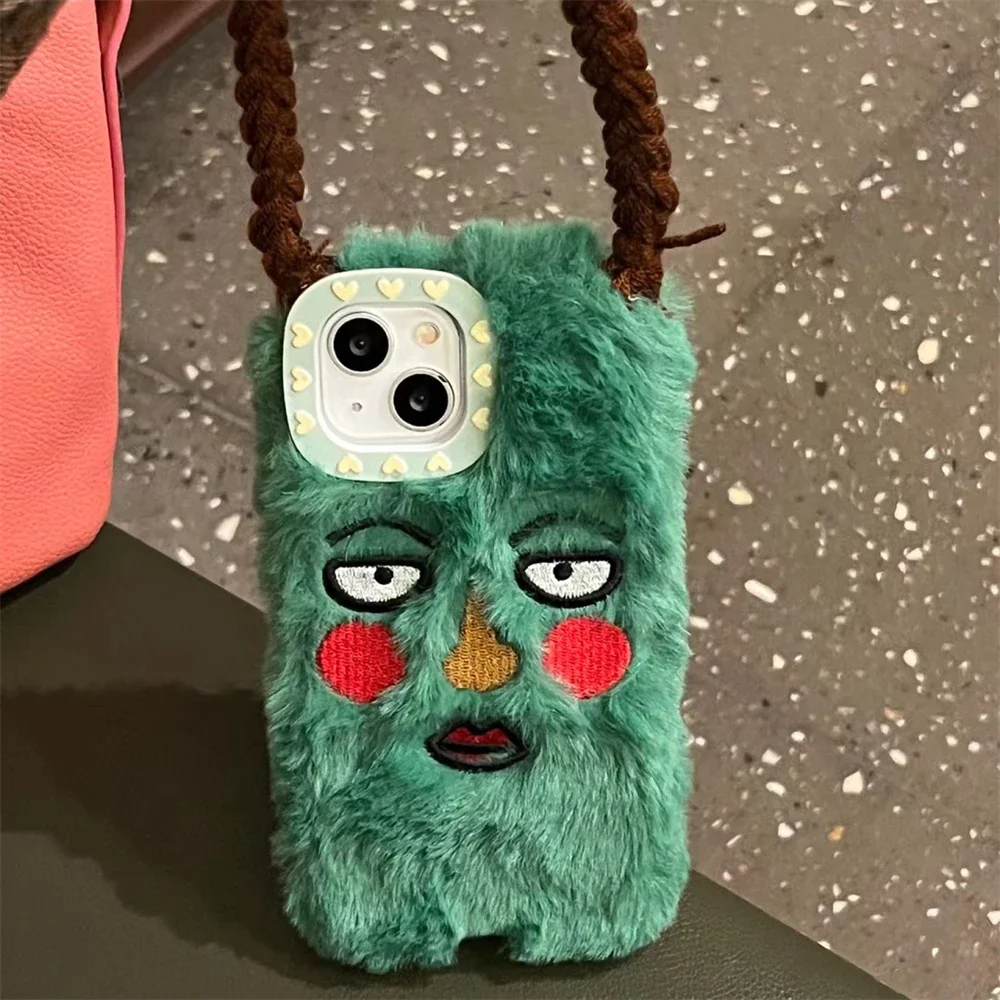 Korean Cute Funny Ugly Blush Face Fur Case For iPhone 15 14 13 12 Pro Max 11 Cartoon DIY Braids Plush Shockproof Soft Cover