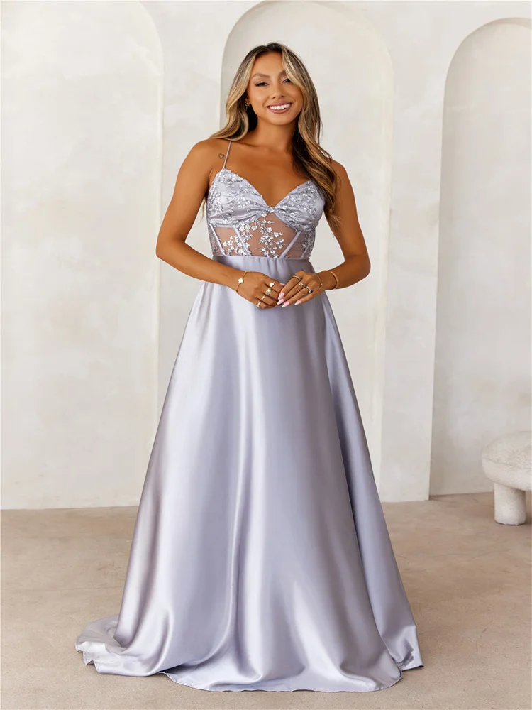 

Hot Selling Sweetheart Neckline With Thin Straps Satin A-Line Prom Dress Elegant Open Lace Up Back Floor Length Sweep Train Gown