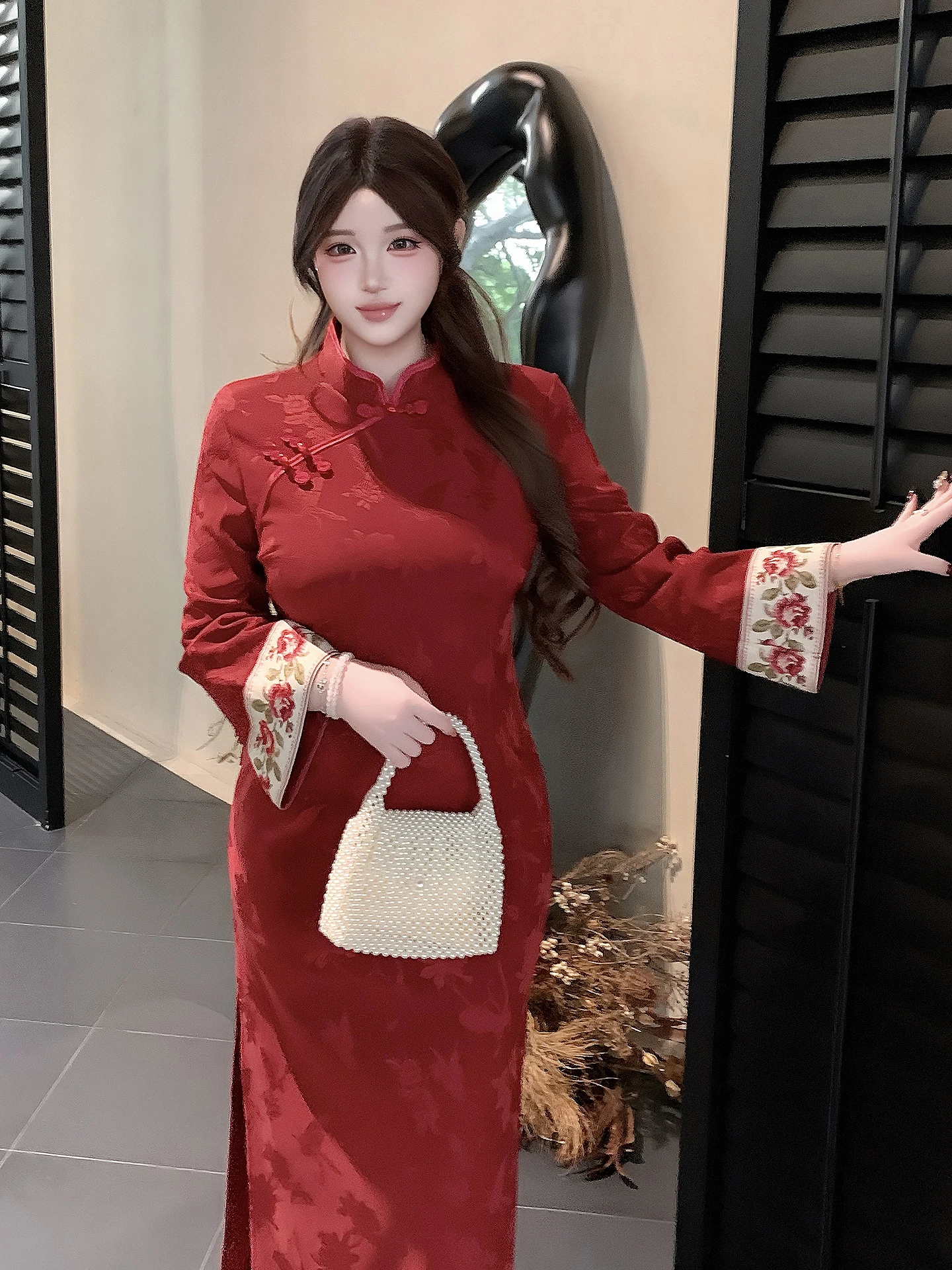 

Ele Red Embroidered plus Size dao Dr Slimming High Waist Wedding Dr Chinese Sle Long Sve Spring Faion